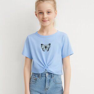 SHEIN Butterfly Graphic Tee Short Sleeve Crew Neck Blue 130cm or Size 8